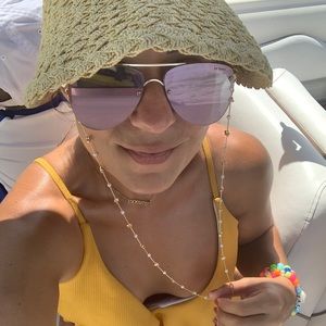 LE SPECS The Prince Gold Pink Mirrors Rimless Aviator Sunglasses +Case